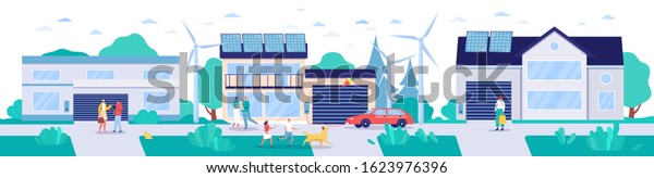 Modern town with renewable energy\
technologies, vector illustration. Environment friendly lifestyle\
concept, houses with solar panels, wind turbines and electric cars.\
Sustainable energy\
environment