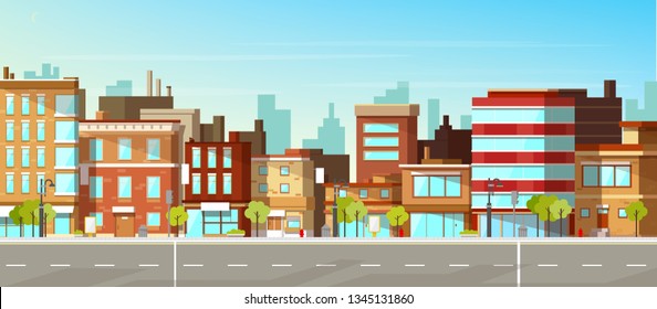 Modern Town Street Panoramic Flat Vector. Low-rise Houses With Brick Walls, Blank Signboards On Storefronts, Public Buildings, Sidewalk And Road Illustration. City Commercial Real Estate Background