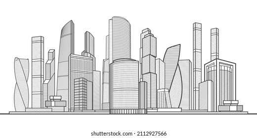 Modern town. Urban city complex. Business center. Infrastructure outlines illustration. Black outlines on white background. Vector design art 