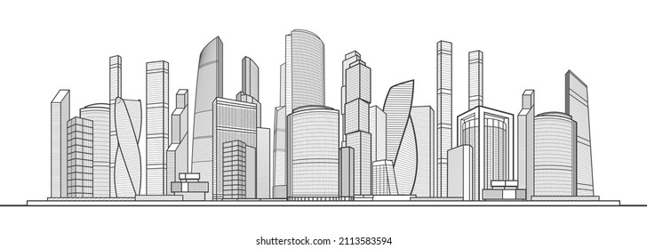 Modern town. Urban city complex. Business center. Citycape pamorama. Infrastructure outlines illustration. Black outlines on white background. Vector design art 
