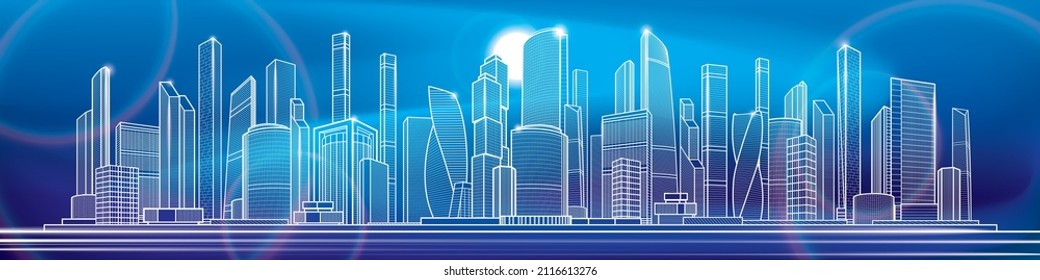 Modern town. Urban city complex. Business center. Neon Citycape pamorama. Infrastructure outlines illustration. White lines on glow blue background. Vector design art