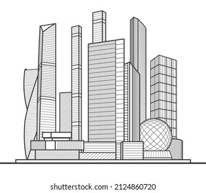 Modern town. Urban city complex. Business center. Infrastructure outlines illustration. Black lines on white background. Vector design art 