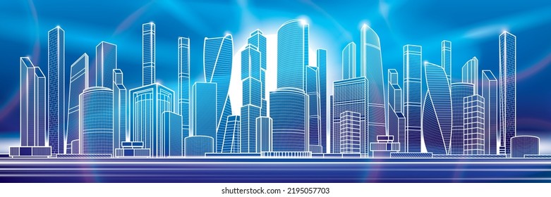 Modern town. Urban city complex. Business center. Neon glow. Citycape pamorama. Infrastructure outlines illustration. White lines on blue background. Vector design art svg