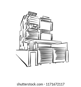modern townhouse drawing. hand-drawn vector sketch. business concept design.