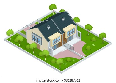 Modern townhouse flat 3d isometric illustration. Exterior home. Villa view with garden. 