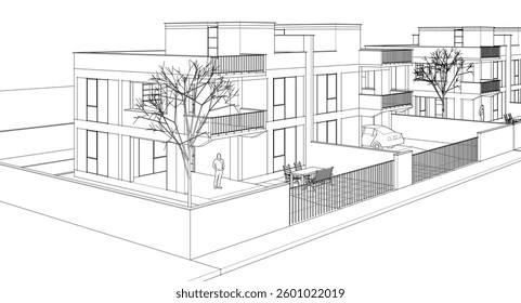 modern townhouse sketch 3d illustration	