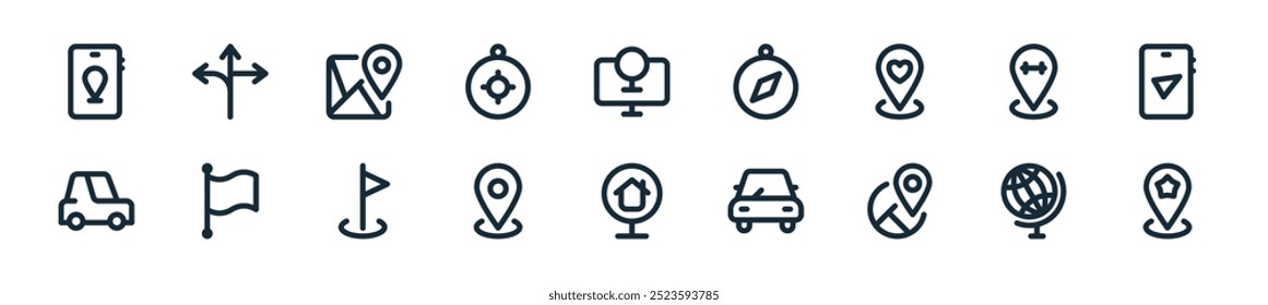 modern tracking apps icon pack. perfect for linear ui designs featuring vector favorite, globe earth, maps, car, placeholder, location, flag and more icons for mobile and web apps.