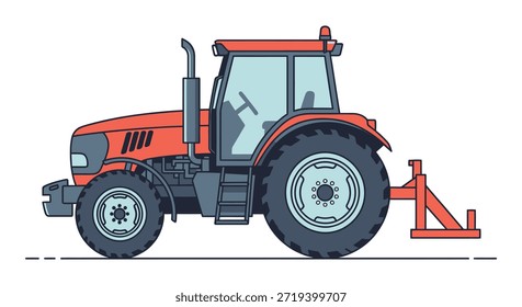 Modern tractor with a front loader attachment is illustrated on a white background symbolizing agricultural machinery and farming equipment for heavy duty tasks.