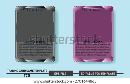 Modern trading card game template with futuristic sci-fi style. Includes editable layers for card name, rarity, description. Perfect for collectible card games, NFT card mockups, easy customization.