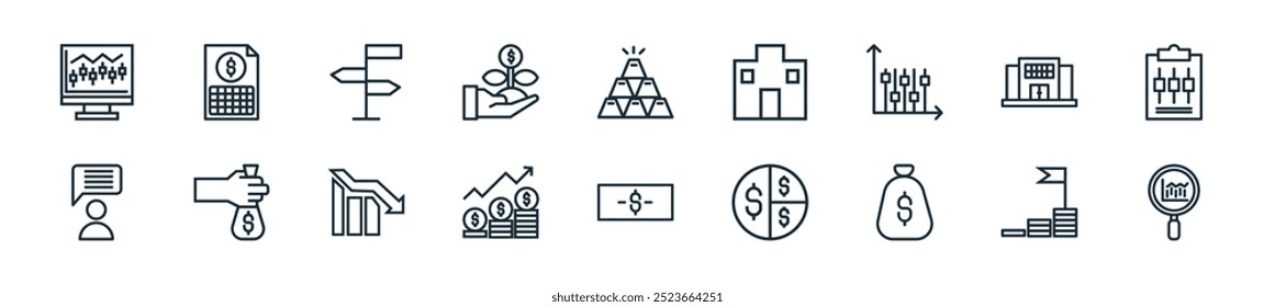 pacote de ícone de negociação moderno. perfeito para projetos de iu linear com pesquisa de mercado vetorial, lucro financeiro, dinheiro, gráfico, dinheiro, lucro financeiro, diminuir e mais ícones para aplicativos móveis e da web.