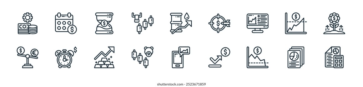 pacote de ícone de negociação moderno. perfeito para projetos de ui lineares com cálculo vetorial, relatório, stop loss, bounce back, smartphone, mercado de urso, ouro e mais ícones para aplicativos móveis e web.