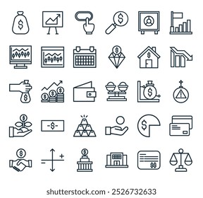 Perfecto para diseños de interfaz de usuario lineal con saldo de Vector, tarjeta bancaria, banco, banco, fluctuación del mercado y más iconos.
