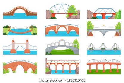 Modern and traditional bridges set. City and countryside crossovers, arch constructions over rivers or landscapes, aqueducts. Vector illustrations for architecture, transportation, engineering concept