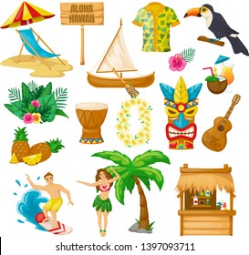 Modern traditional objects of Hawaiian culture. Travel, flight, vacation in tropical exotic countries. Beach, surfing, food, drinks, traditions, music dancing Vector illustration isolated