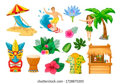 Modern traditional objects of Hawaiian culture. Hawaiian mask totem, surfing, palm tree, girl dancing hula dance, Hawaiian shirt, drums, bungalow, tropical leaves vector illustration isolated