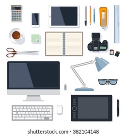 Modern and traditional office supplies vector collection isolated on white