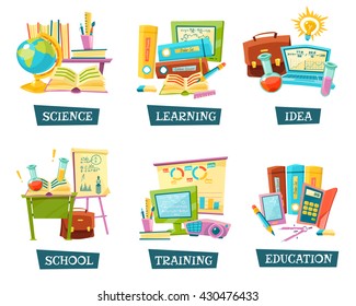 Modern and traditional school training educational materials supplies for classrooms 6 flat compositions set abstract vector illustration 