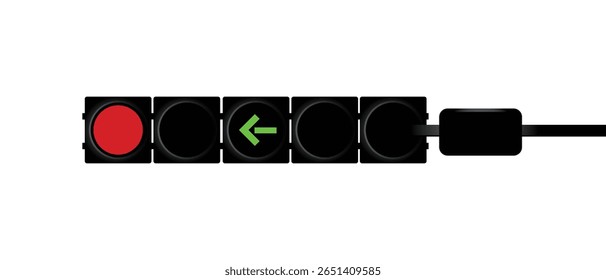 Modern traffic light with red stop signal and green arrow indicating permitted left turn isolated on white background.