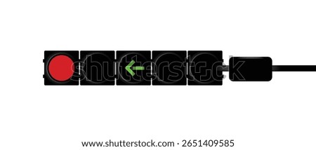 Modern traffic light with red stop signal and green arrow indicating permitted left turn isolated on white background.