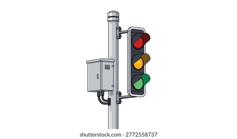 Modern traffic light showing red, yellow, and green signals attached to a gray pole with an electric control box.