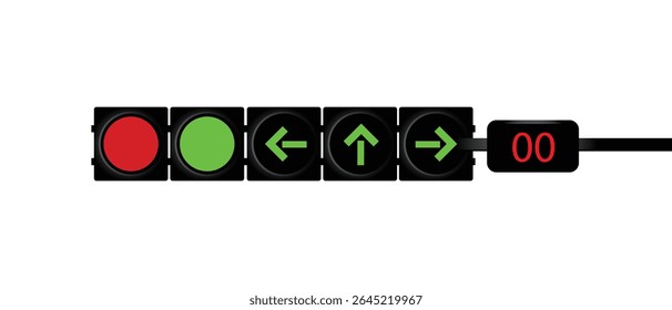 Modern traffic light system with illuminated green directional arrows, red stop signal, and digital countdown timer suitable for transportation, road safety, or urban planning visuals. Vector art.