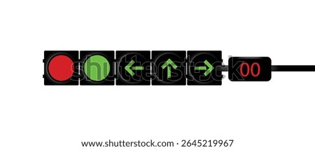 Modern traffic light system with illuminated green directional arrows, red stop signal, and digital countdown timer suitable for transportation, road safety, or urban planning visuals. Vector art.