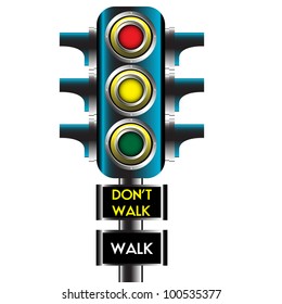 Modern traffic lights for cars and warning messages for pedestrians. Traffic lights design