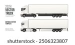 Modern Trailer Truck Side view blank mockup. White Cargo Truck with space for text or your branding design - editable vector template. Horizontal blank mock-up semi truck trailer for AD banner