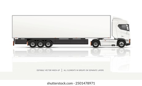 Modern Trailer Truck Side view blank mockup. White Cargo Semi Truck with space for text or your branding design - realistic editable vector template. Horizontal blank for banner and advertesment