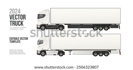 Modern Trailer Truck Side view blank mockup. White Cargo Truck with space for text or your branding design - editable vector template. Horizontal blank mock-up semi truck trailer for AD banner