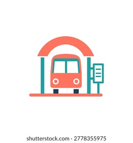 Modern train arrives at station under red archway with schedule board