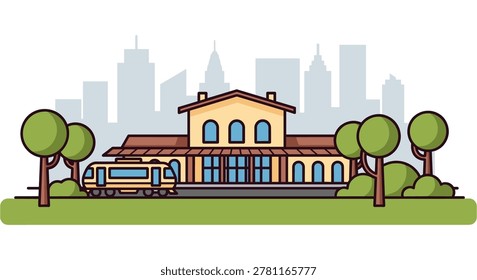 Modern train arriving at a charming station with trees and city skyline background