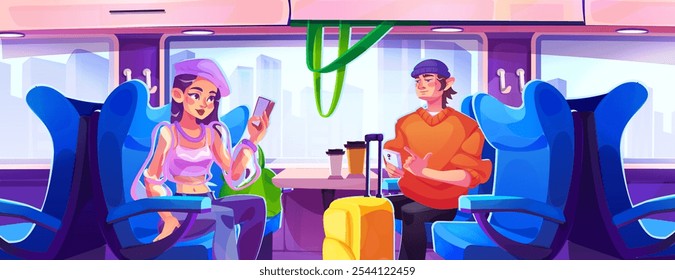 Modern train compartment interior with passengers using phones while seated in blue chairs. Young woman and man travelers with luggage. Coffee cups placed on table, cityscape visible through windows.