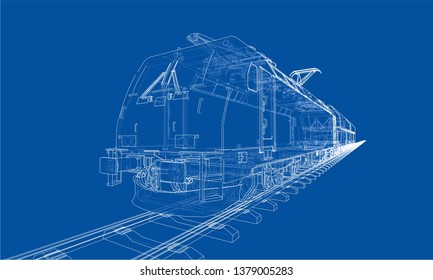 Modern train concept. Vector rendering of 3d. Wire-frame style