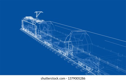 Modern train concept. Vector rendering of 3d. Wire-frame style