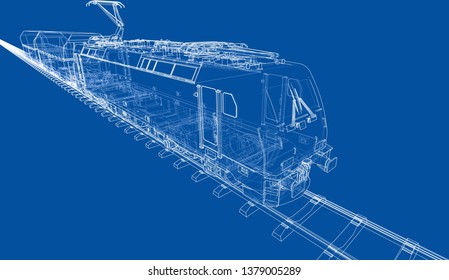 Modern train concept. Vector rendering of 3d. Wire-frame style
