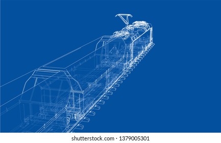 Modern train concept. Vector rendering of 3d. Wire-frame style