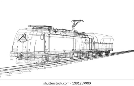 Modern train concept. Vector rendering of 3d. Wire-frame style