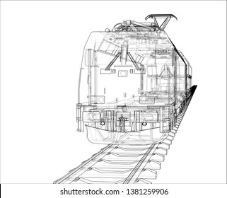 Modern train concept. Vector rendering of 3d. Wire-frame style