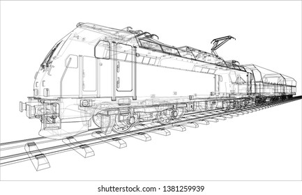 Modern train concept. Vector rendering of 3d. Wire-frame style
