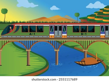 Modern train crossing a bridge over a river with a traditional boat and scenic landscape in the background – Vector illustration
