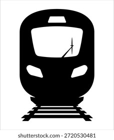 Icono moderno de la vista delantera del tren, silueta minimalista del ferrocarril en Pistas