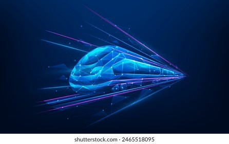 modern train high speed digital technology low poly wireframe blue background. future transport and logistics concept. vector illustration fantastic design.