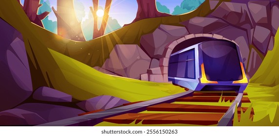 Modern train leaving arch shaped tunnel made in rocky cliff in forest. mountain railway for adventure and travel concept. Wagon driving on highway among trees, stones and grass on sunny day.