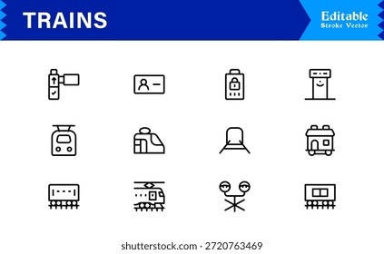 Modern Train Line Icon Collection Featuring Minimal Locomotive and Rail Elements, Unique Vector Design with Professional Quality for Transport, Travel, and Infrastructure
