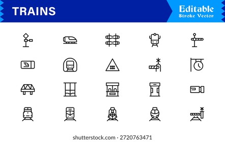 Modern Train Line Icon Collection Featuring Minimal Locomotive and Rail Elements, Unique Vector Design with Professional Quality for Transport, Travel, and Infrastructure
