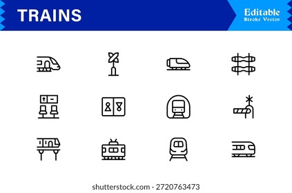 Modern Train Line Icon Collection Featuring Minimal Locomotive and Rail Elements, Unique Vector Design with Professional Quality for Transport, Travel, and Infrastructure
