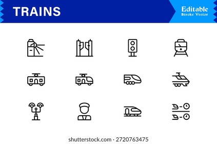 Modern Train Line Icon Collection Featuring Minimal Locomotive and Rail Elements, Unique Vector Design with Professional Quality for Transport, Travel, and Infrastructure
