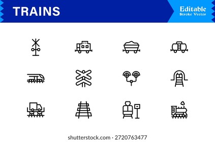 Modern Train Line Icon Collection Featuring Minimal Locomotive and Rail Elements, Unique Vector Design with Professional Quality for Transport, Travel, and Infrastructure
