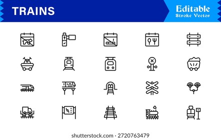 Modern Train Line Icon Collection Featuring Minimal Locomotive and Rail Elements, Unique Vector Design with Professional Quality for Transport, Travel, and Infrastructure
